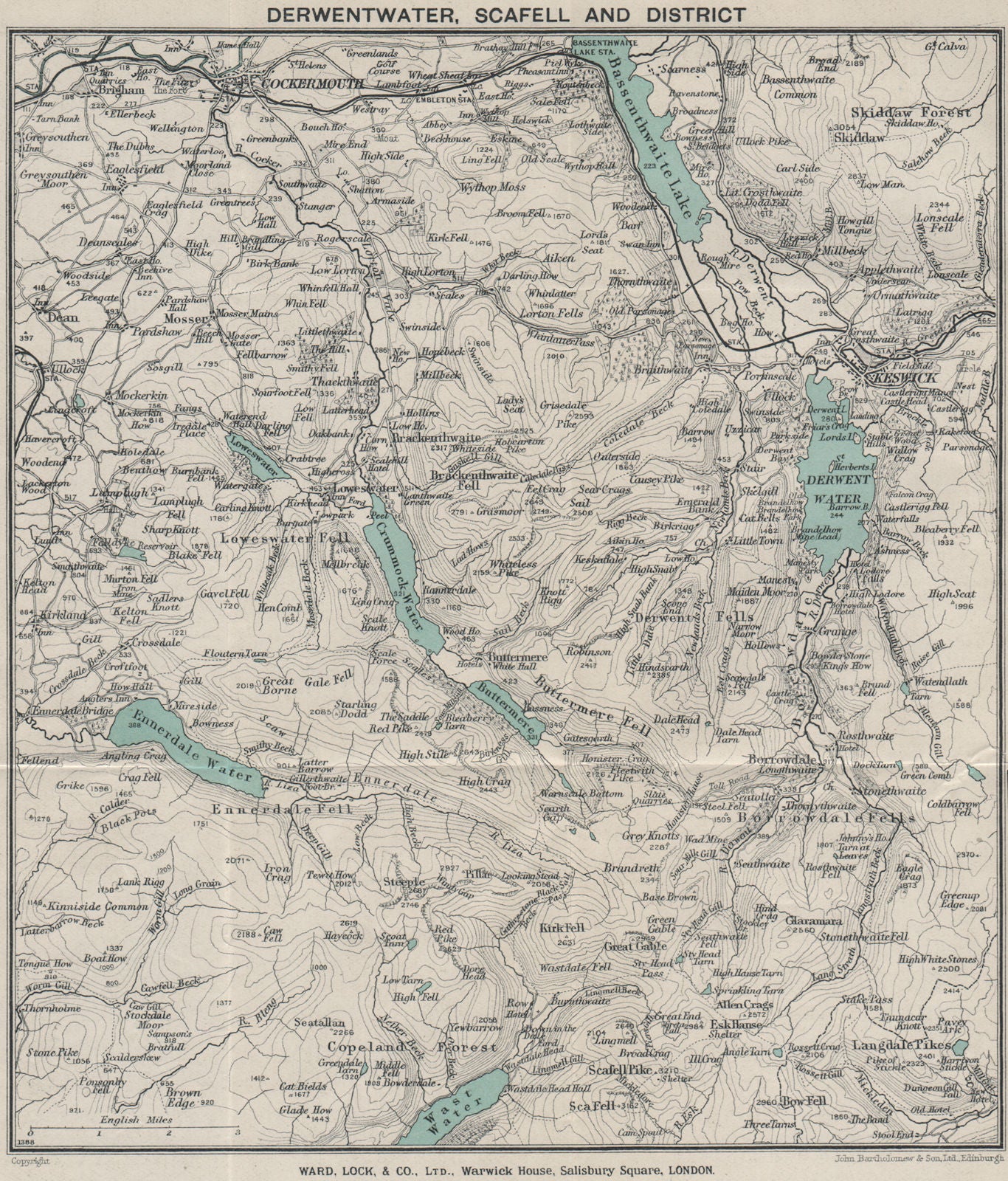 DERWENTWATER, SCAFELL AND DISTRICT. Cockermouth Keswick. Lake District 1928 map